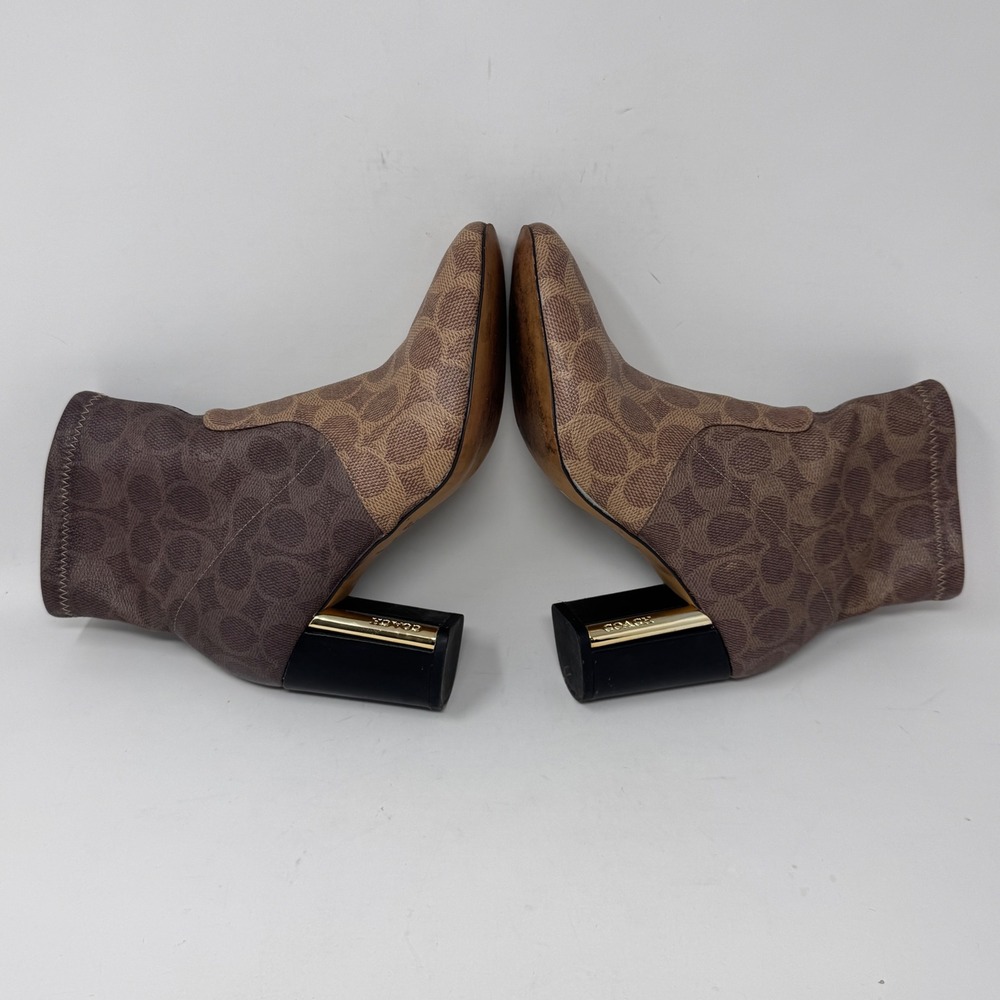 Coach Margot Signature Monogram Ankle Booties Brown Block Heel Size 6 - Picture 7 of 10